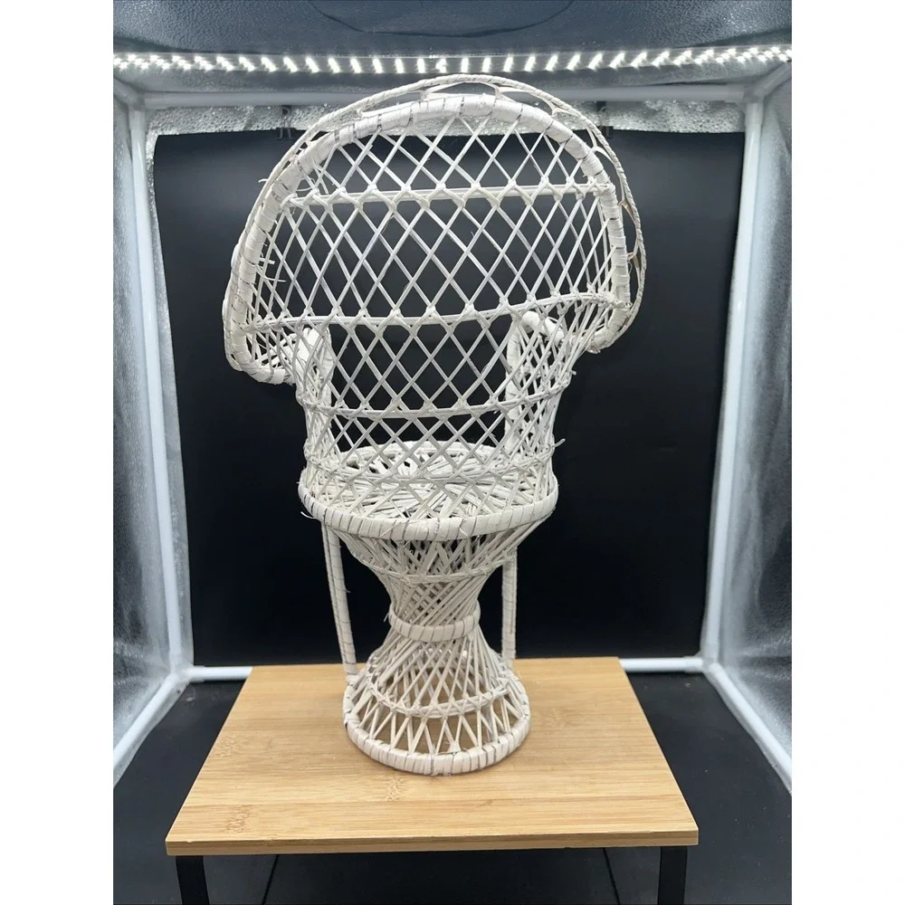 Vintage Mini Wicker Peacock Fan Back Rattan Chair Plant Stand Boho Decor 16